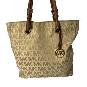 Michael Kors Tan Signature MK Tote Bag With Brown Leather Handles